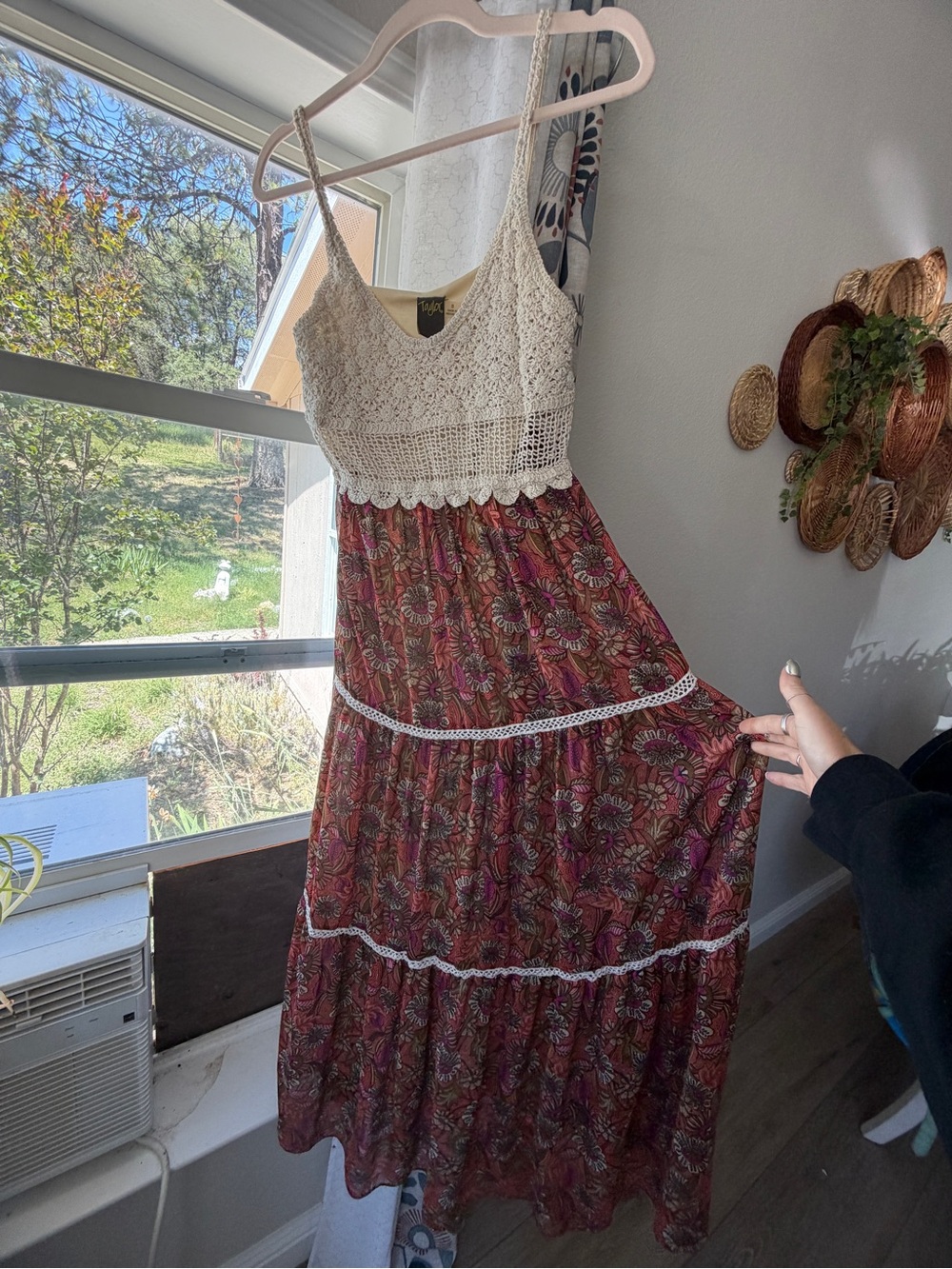 Taylor Floral Tiered Maxi Dress with Crochet Bodice - Cream & Burgundy